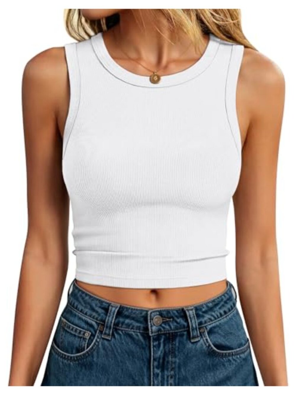 Womens Crop Tank Top High Neck Sleeveless Ribbed Knit Slim Fit Summer Workout